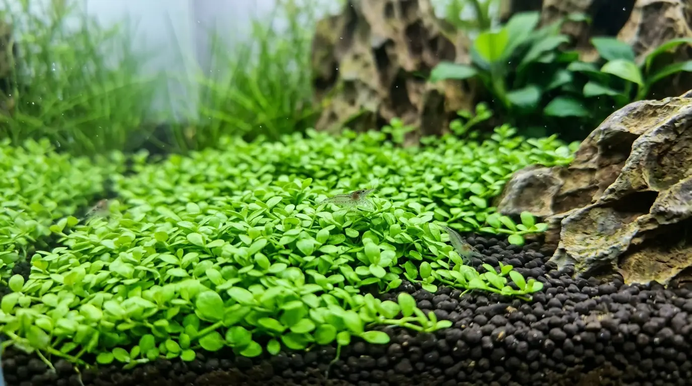 Dense Monte Carlo carpet growing across the foreground of a planted freshwater aquarium with natural stone hardscape