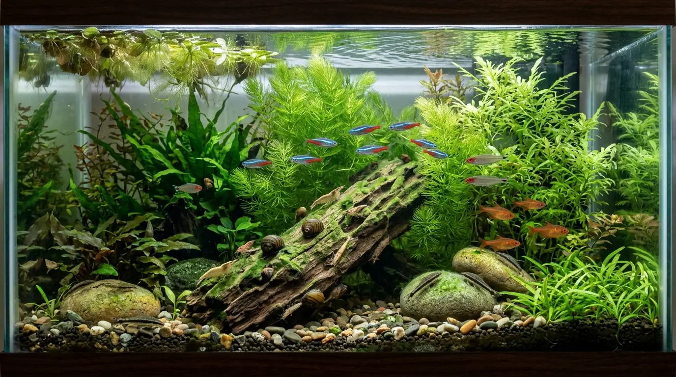 Planted freshwater aquarium using natural algae control with plants, algae-eating shrimp, snails, and balanced lighting