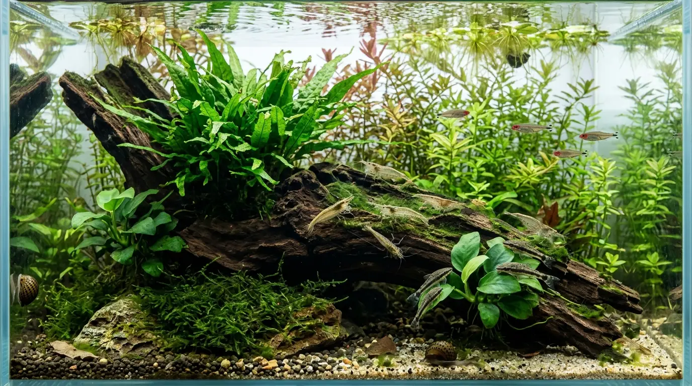 A lush planted freshwater aquarium containing floating plants, nerite snails, Amano shrimp, and healthy aquatic plants that naturally compete with algae.
