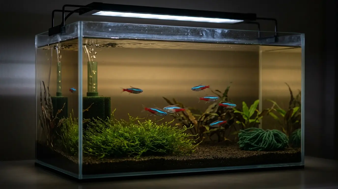 A dimly lit breeding aquarium with soft acidic water, spawning moss, and conditioned neon tetras prepared for breeding.