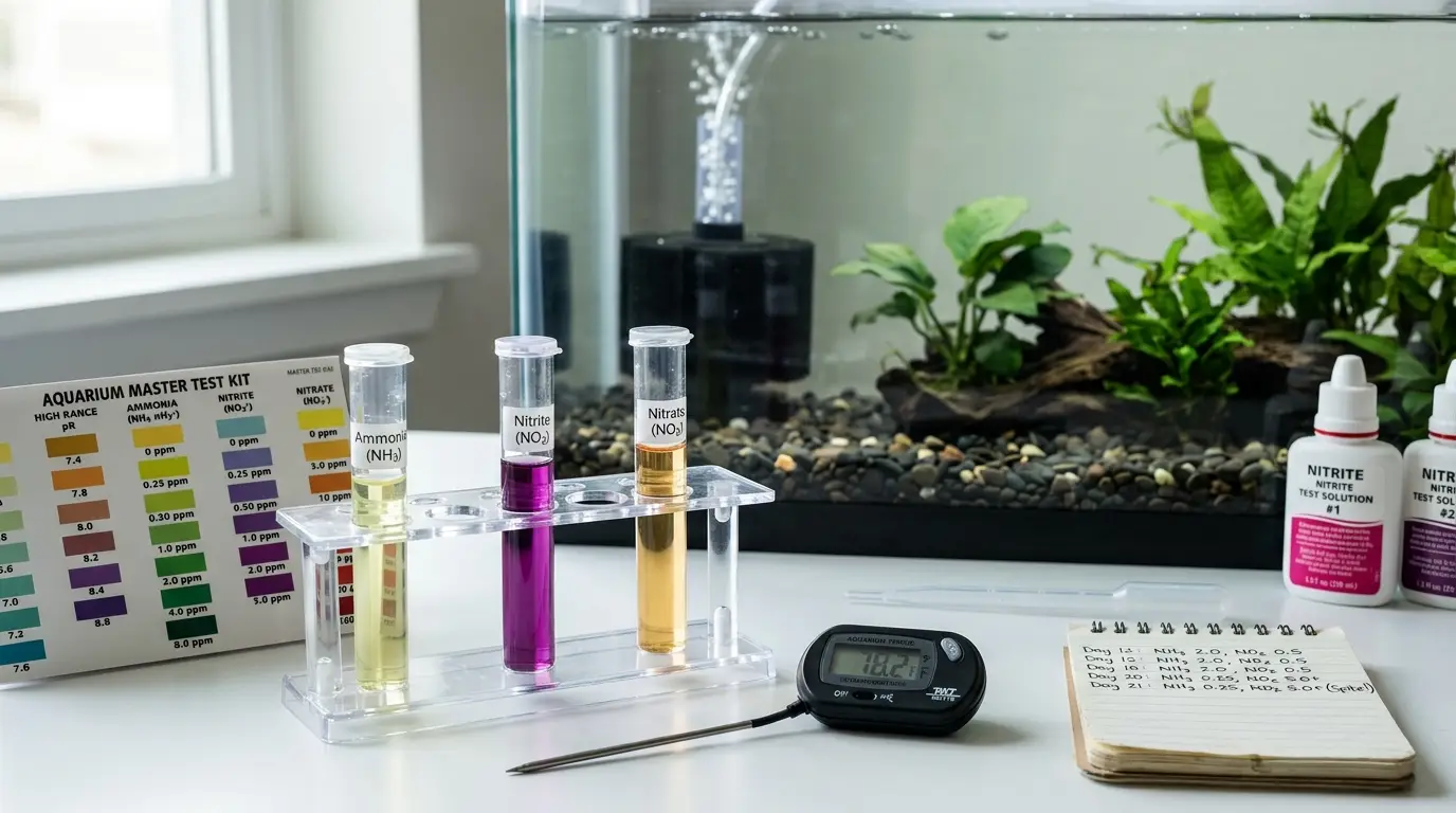 Aquarium test tubes showing rising nitrite during the middle stage of a fishless nitrogen cycle