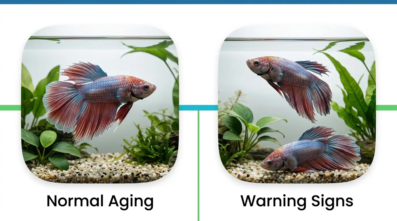 Healthy older betta compared visually with a stressed betta showing abnormal posture and fin condition