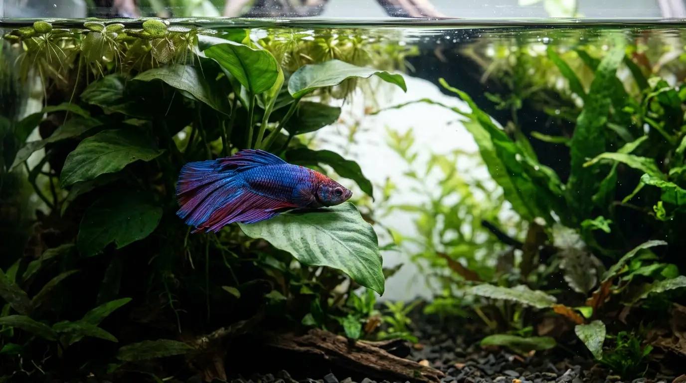 Healthy betta fish resting on a broad aquatic leaf beneath shaded aquarium plants