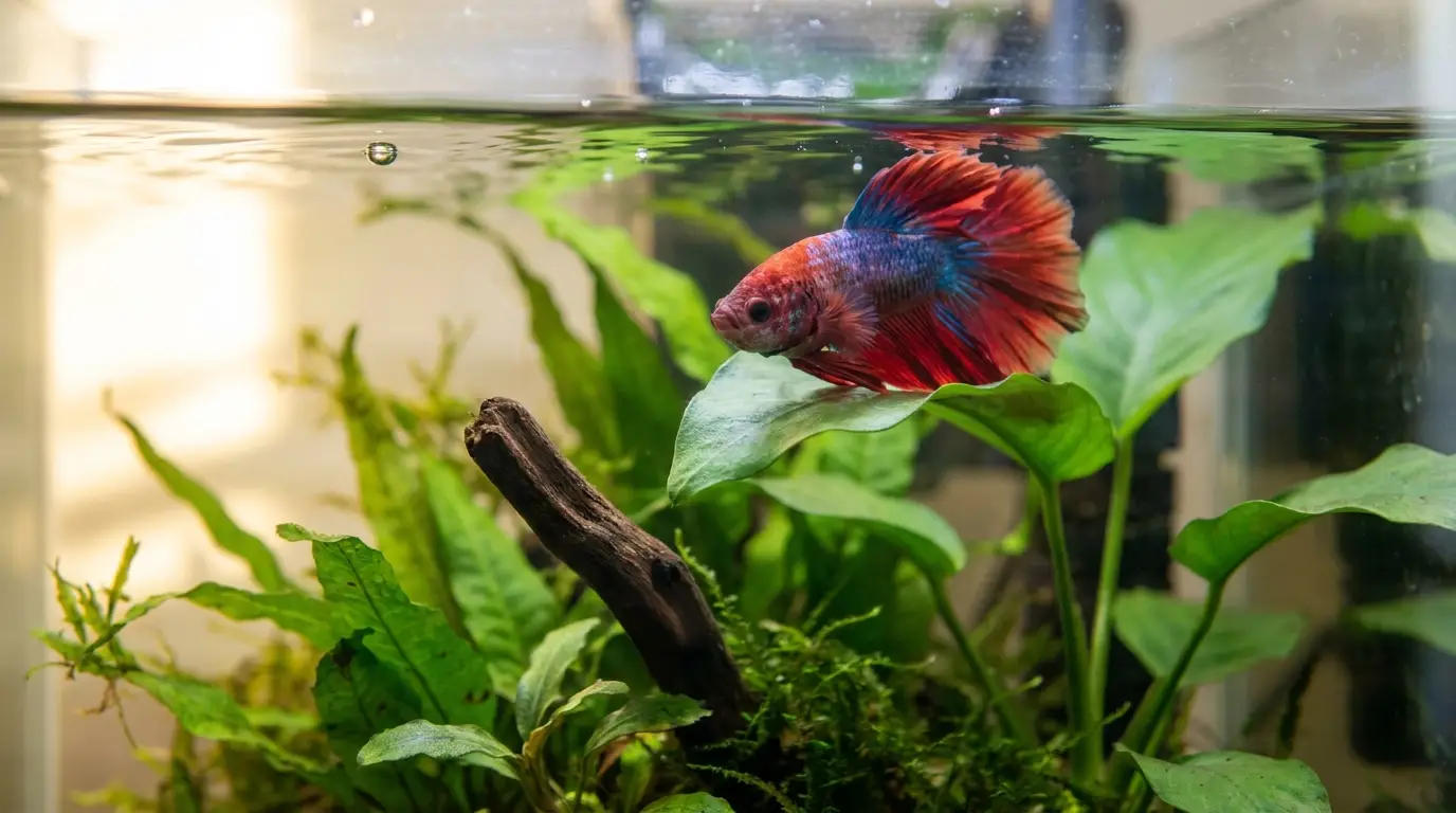 Betta fish calmly resting on a broad leaf near the surface of a planted aquarium.