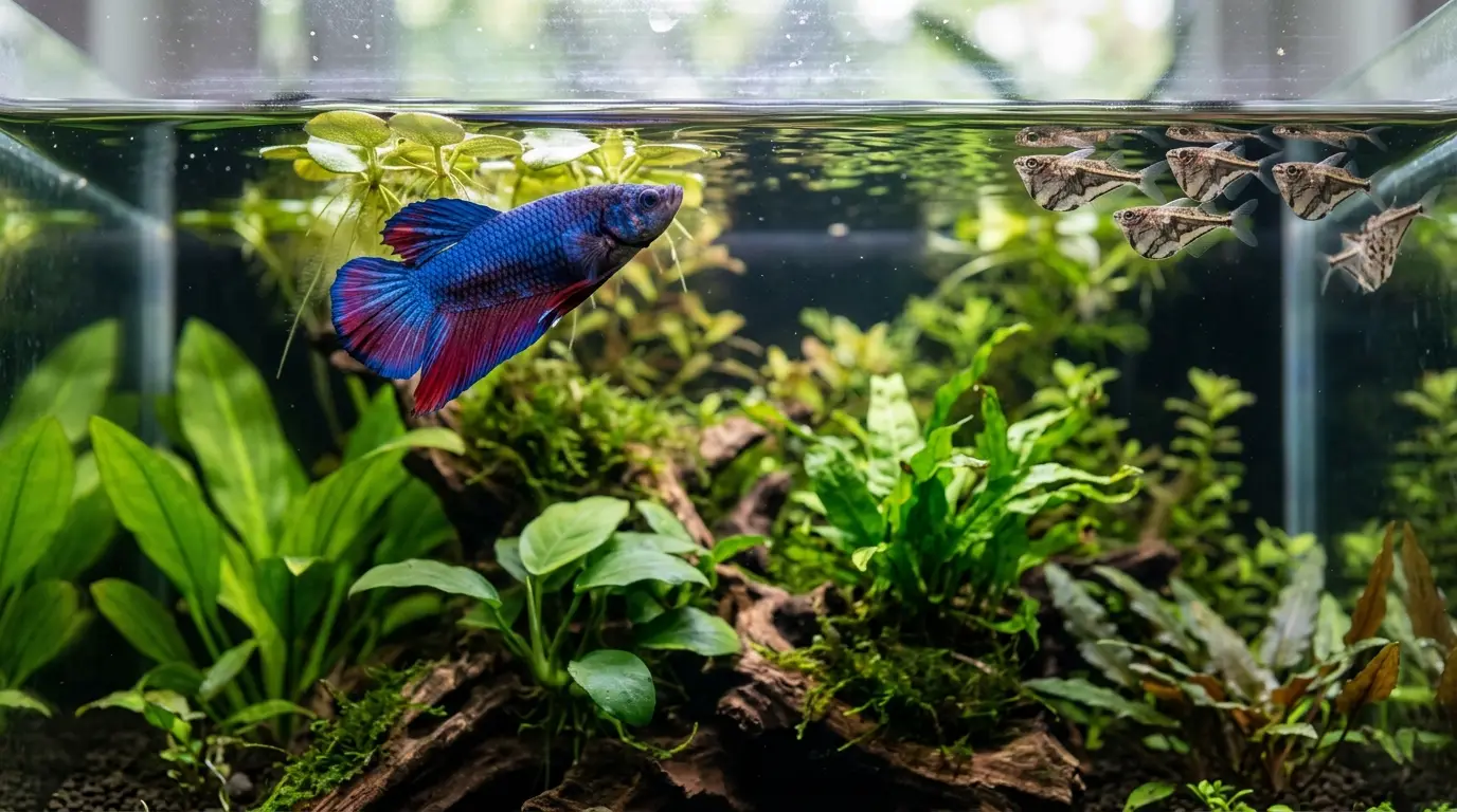 Betta and other surface-oriented freshwater fish calmly swimming near the top of a planted aquarium