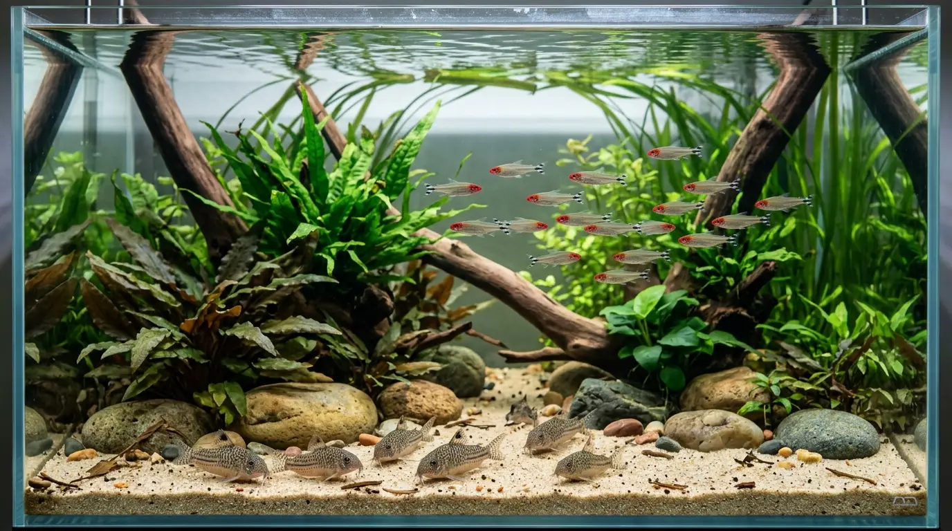 Corydoras living peacefully with small tetras in a planted freshwater community aquarium