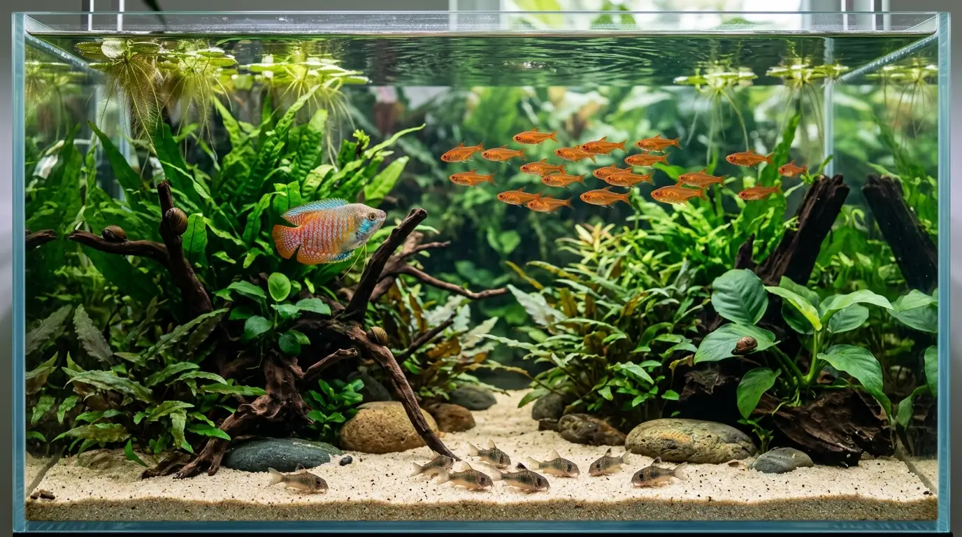 Dwarf gourami sharing a heavily planted freshwater aquarium with peaceful tetras, corydoras, and aquatic plants.