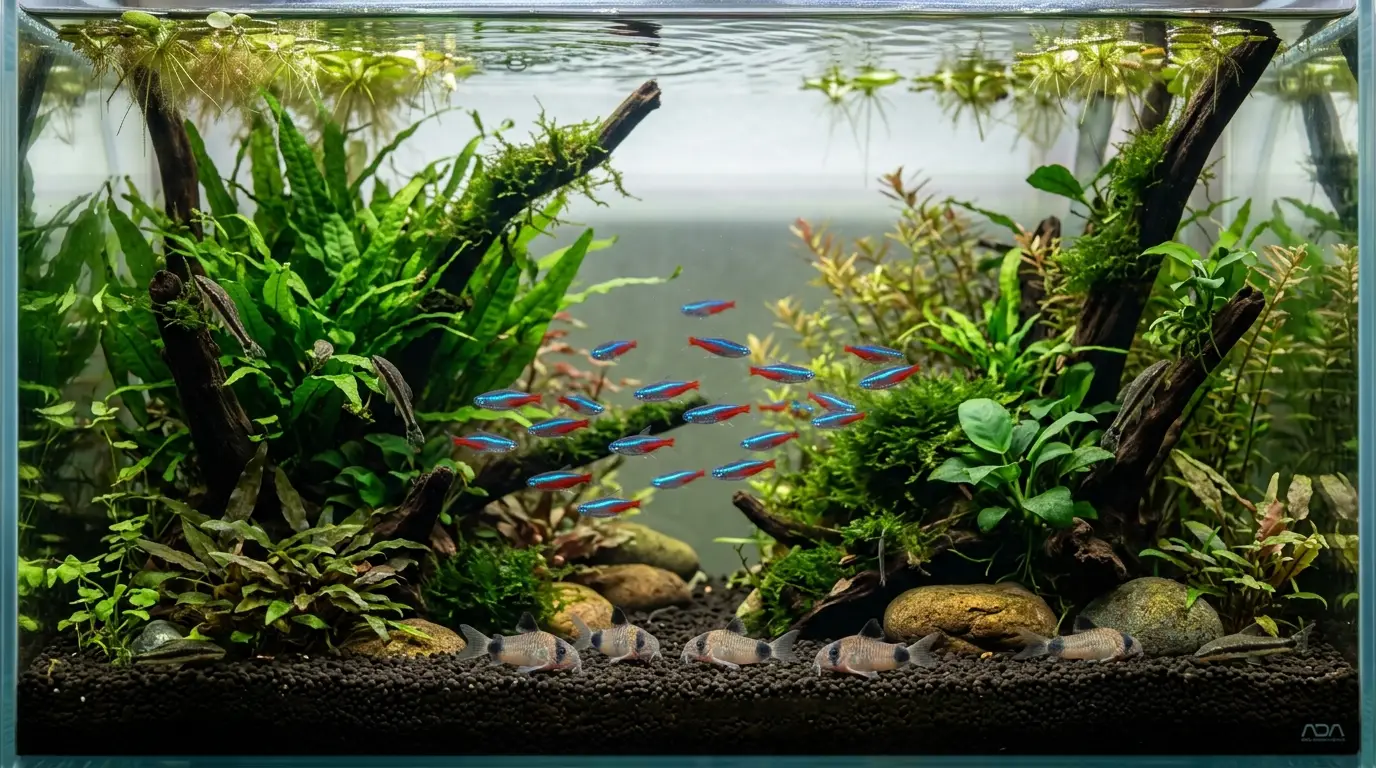 Neon tetras schooling peacefully with compatible small community fish in a heavily planted freshwater aquarium.