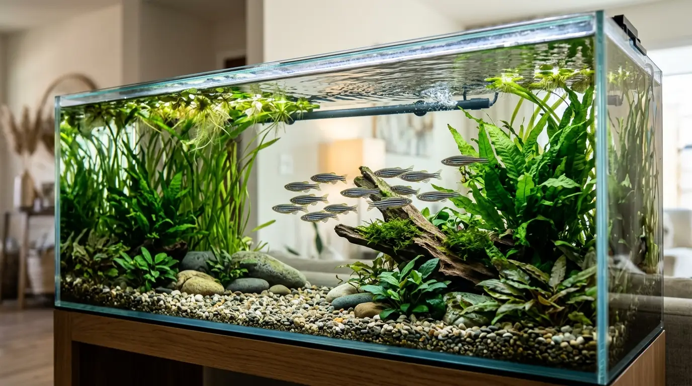 Long planted zebra danio aquarium combining open swimming lanes, dense plants, moderate flow, and secure coverage.