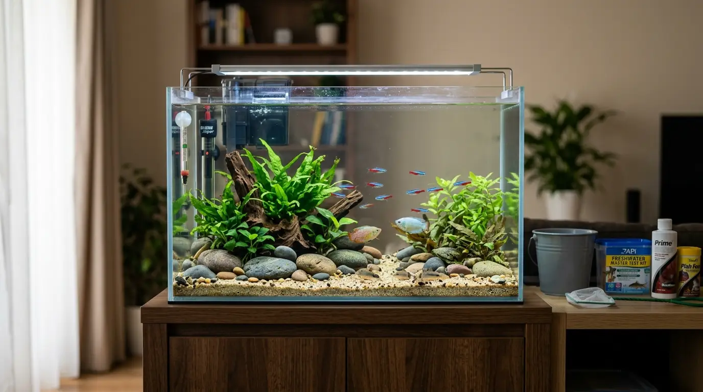 Properly planned beginner aquarium with a 20-gallon tank, sturdy stand, aquatic plants, and equipment positioned away from direct sunlight