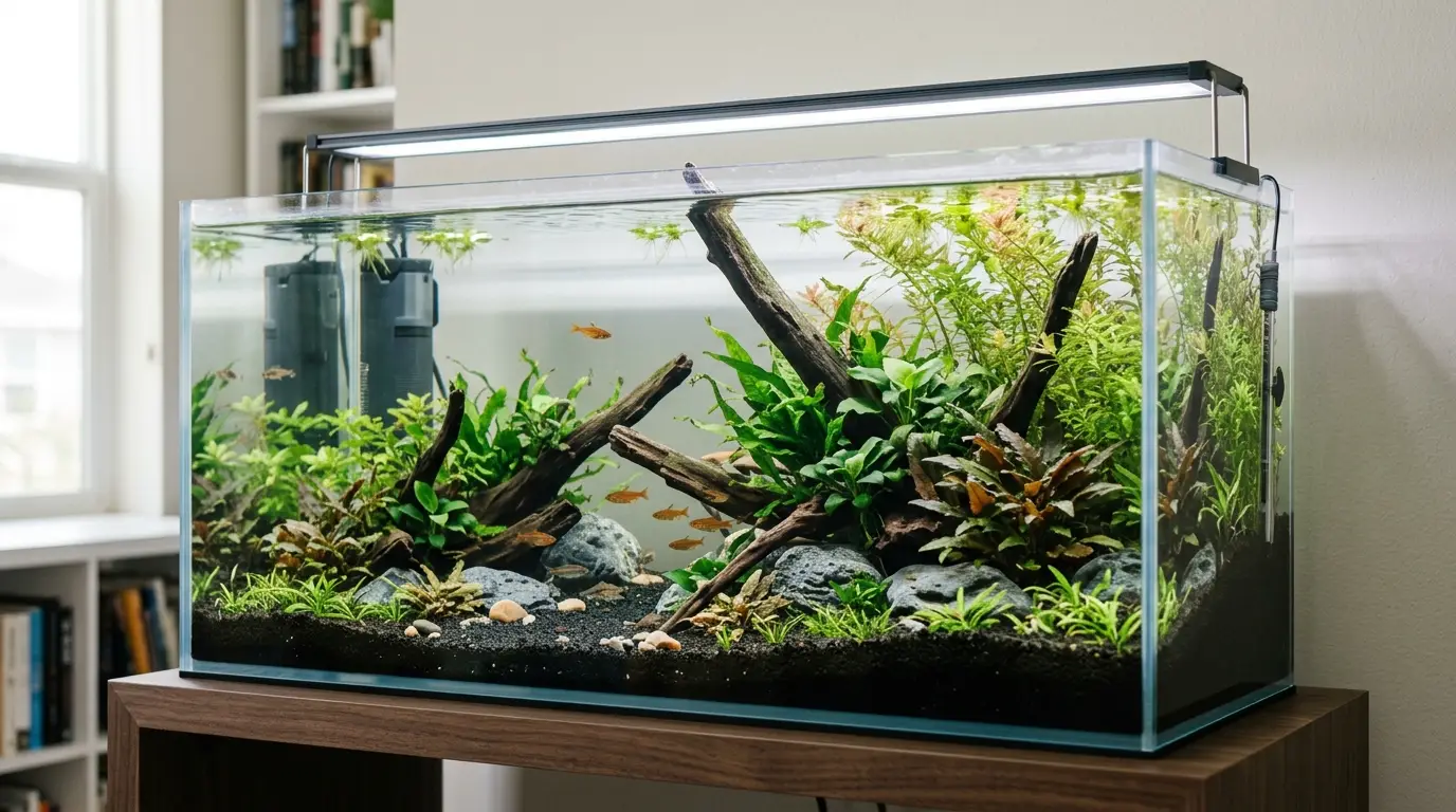 A realistic 20-gallon planted aquarium planned with natural hardscape, healthy plants, appropriate equipment, and a clean beginner-friendly layout.