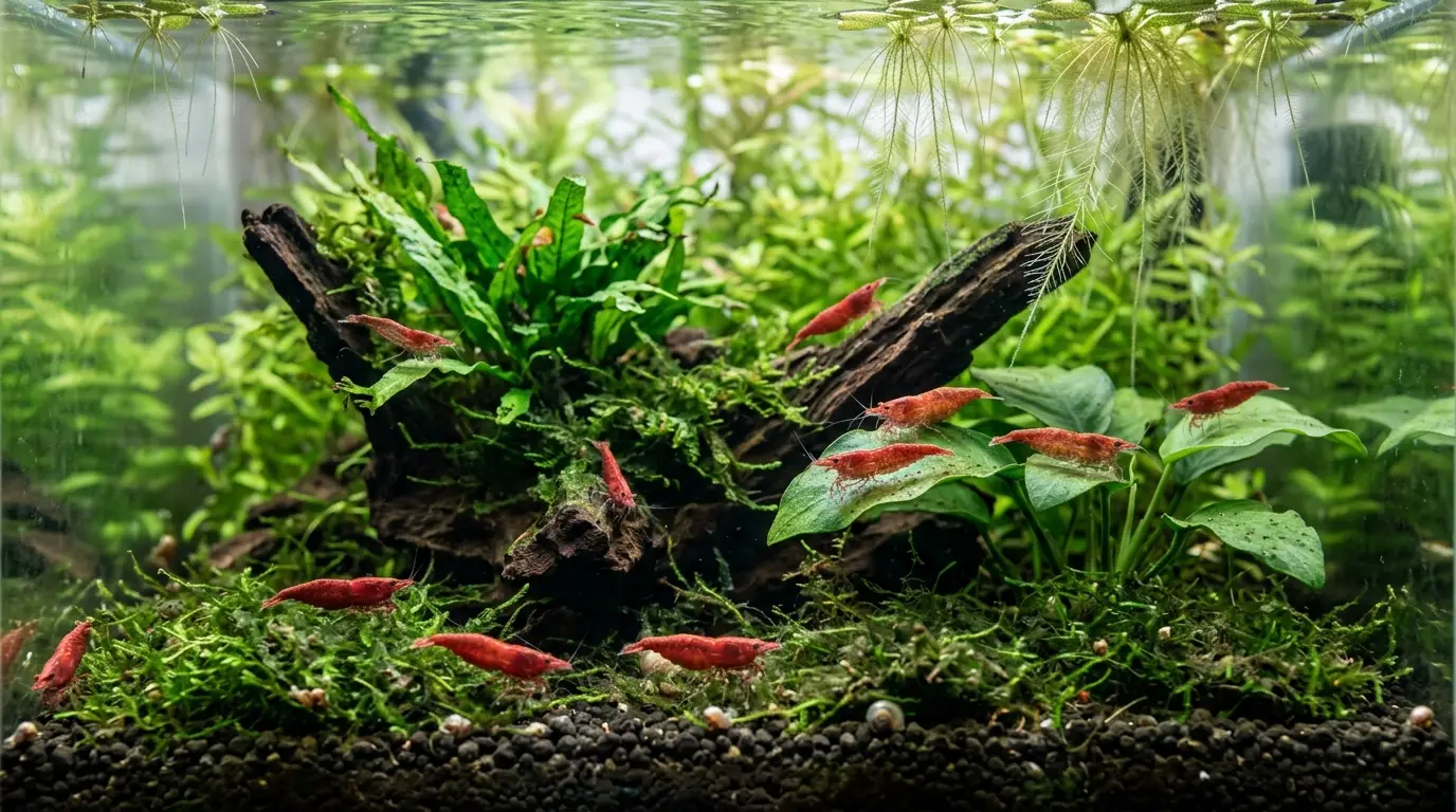 Cherry shrimp exploring Java moss, Anubias, Java fern and floating plants in a planted aquarium