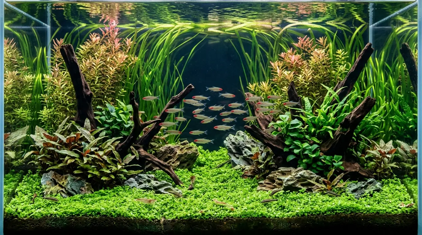 Aquascaped freshwater aquarium showing foreground, midground, and background live plants arranged around rocks and driftwood