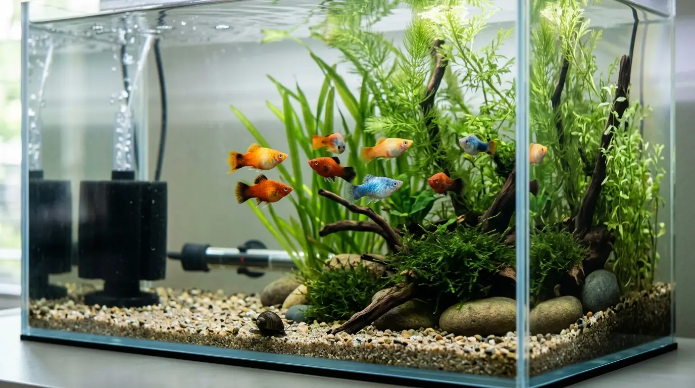 Healthy platies in a planted aquarium with clean water, dense plant cover, and stable environmental conditions.