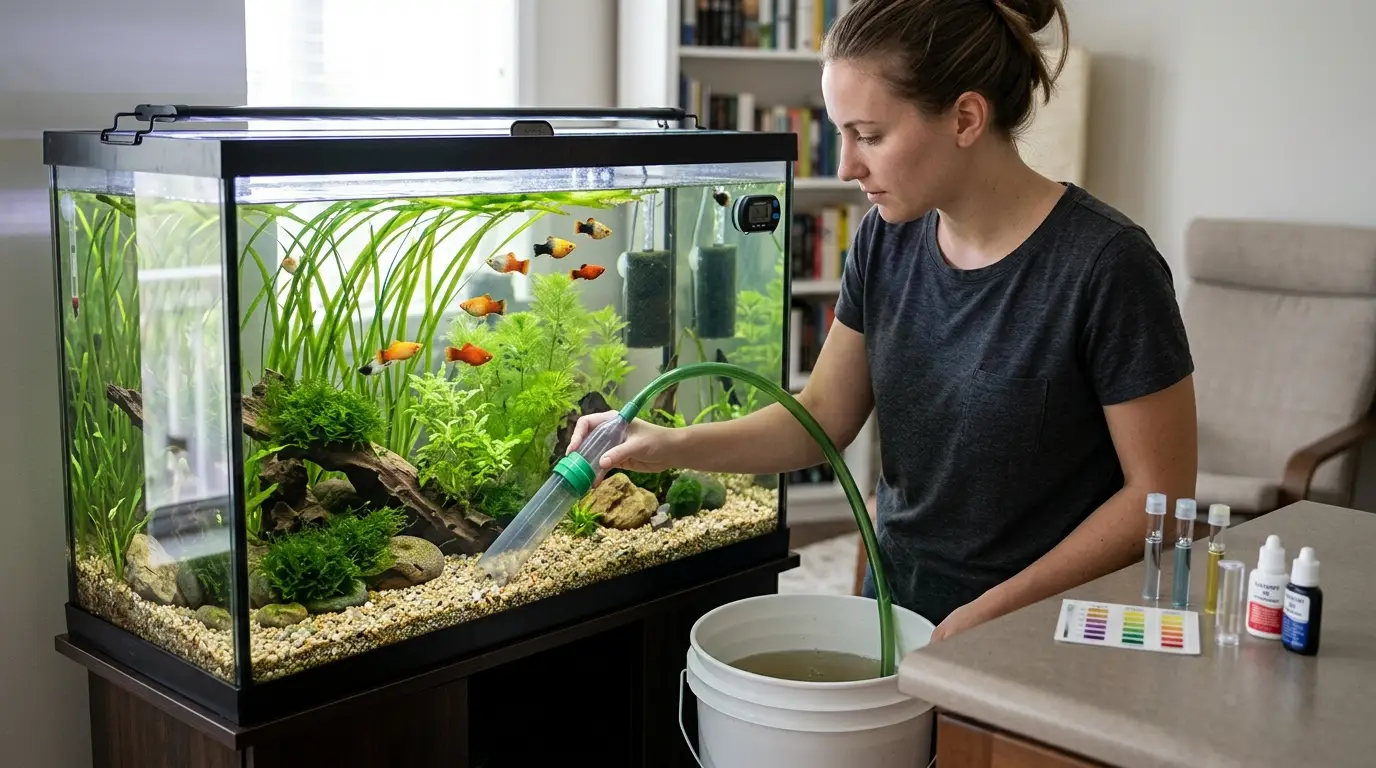 Adult platies and young fry in a densely planted aquarium with Java moss providing natural shelter.