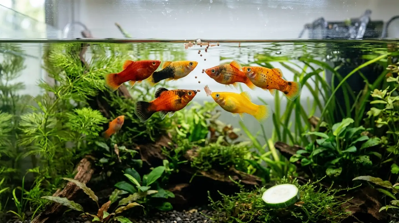 Healthy platies feeding on small portions of flakes and pellets in a planted freshwater aquarium.