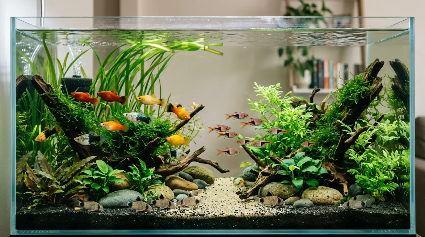 Peaceful platies sharing a planted freshwater aquarium with corydoras and other compatible community fish.