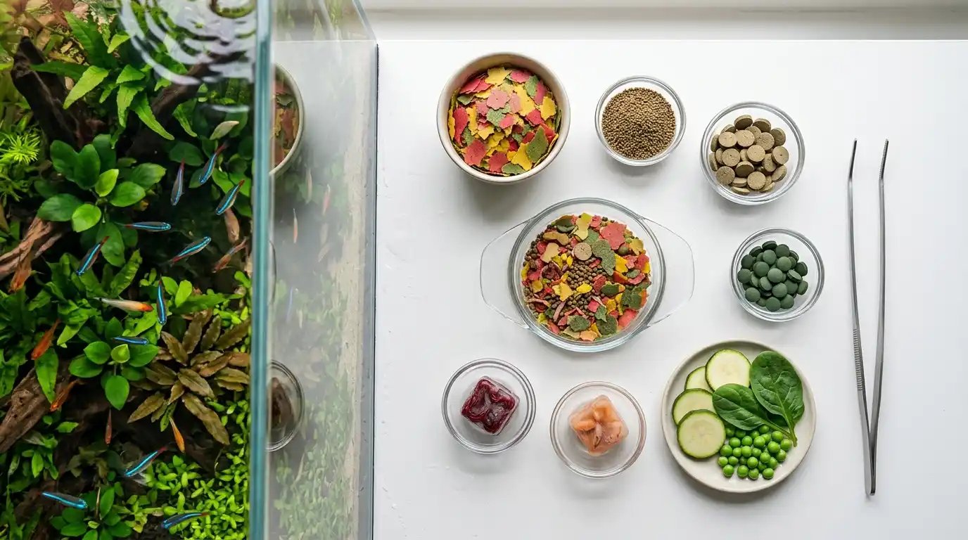 Various freshwater fish foods including flakes, pellets, frozen foods, vegetables, and sinking wafers.