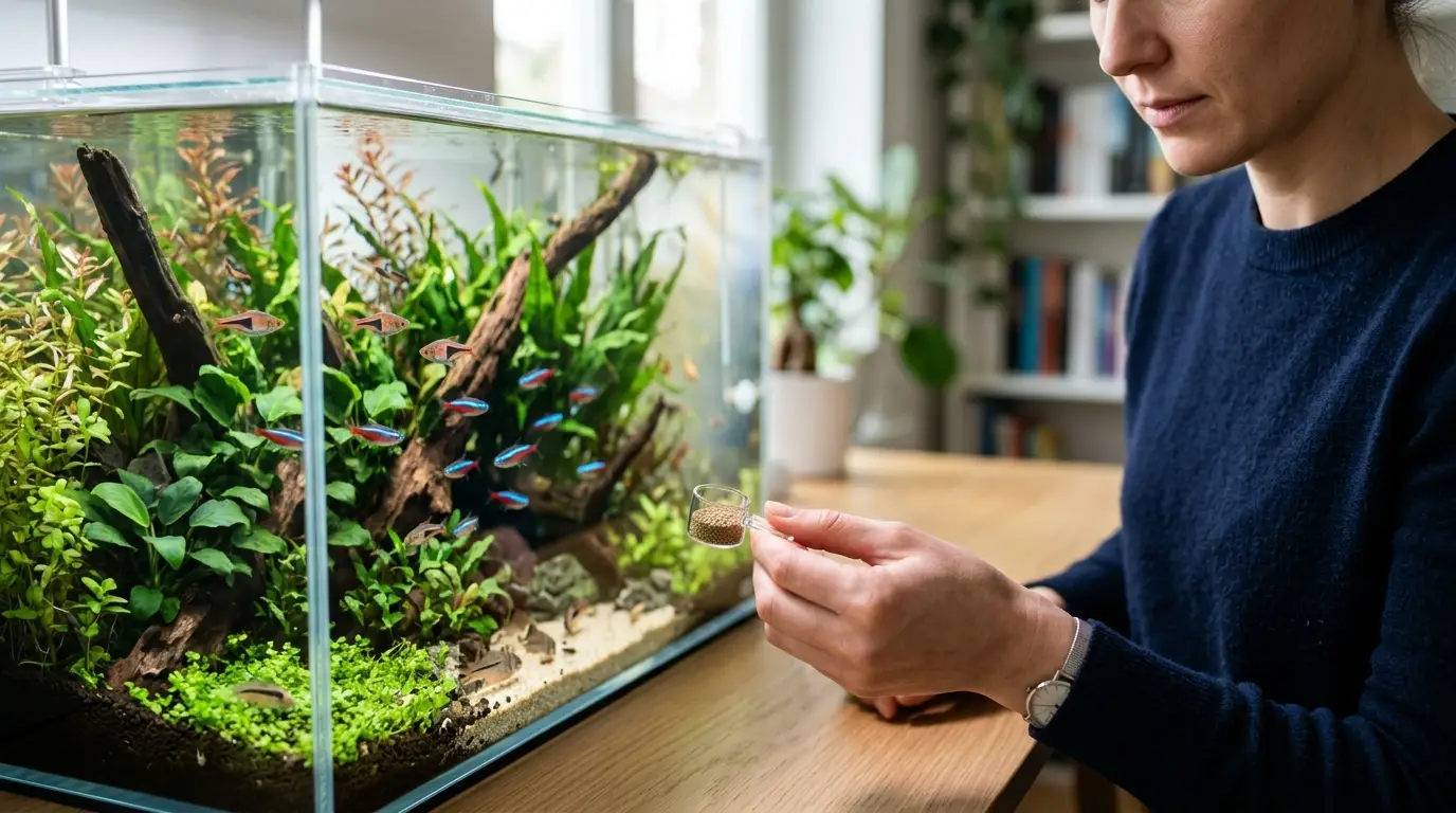 Aquarist measuring a tiny portion of aquarium fish food before feeding a planted community tank