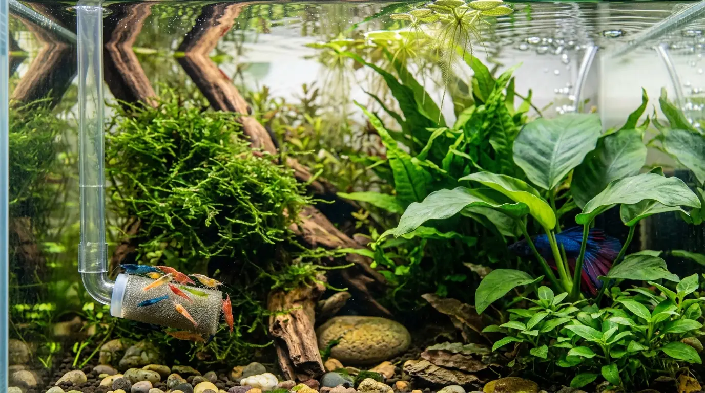 Shrimp-safe aquarium intake with pre-filter sponge and gentle surface flow in a planted tank.