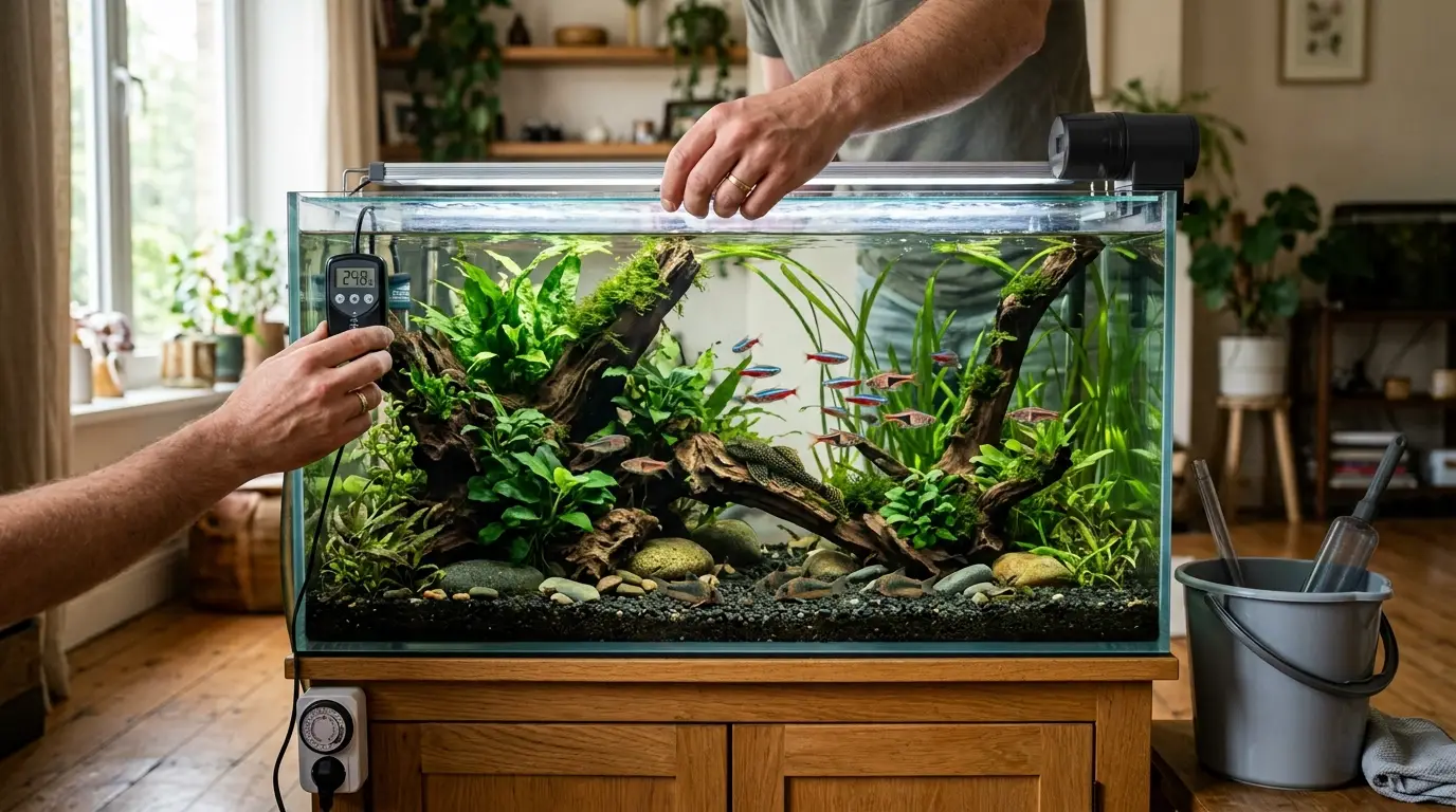 A clean mature aquarium being prepared for a vacation with a secure lid, stable equipment, healthy fish, and controlled lighting.