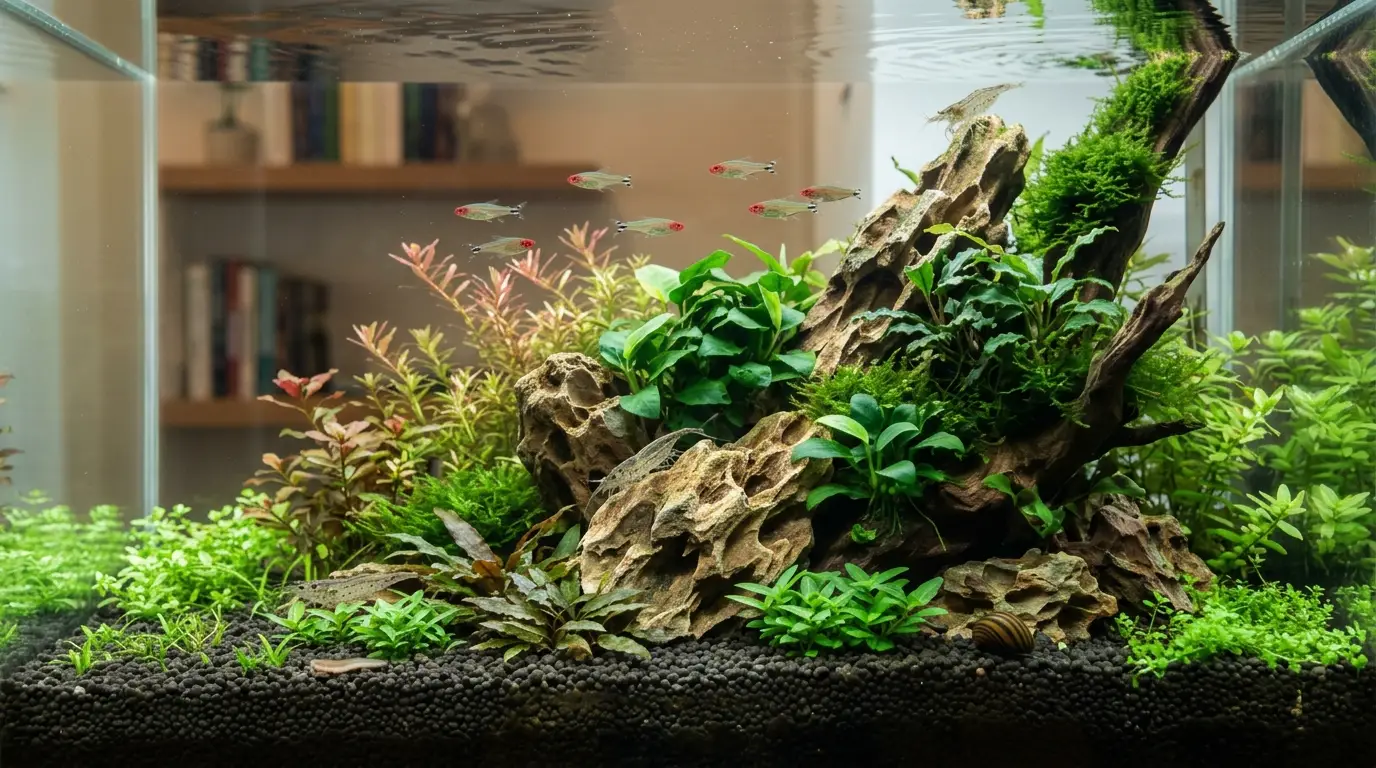 Clean planted aquarium with algae-controlled decorations, healthy plants, balanced lighting, and active cleanup crew
