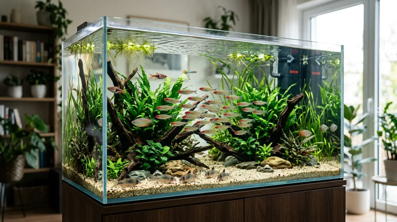 Healthy freshwater aquarium maintained with clean water, gentle filtration, aeration, plants, and appropriate stocking