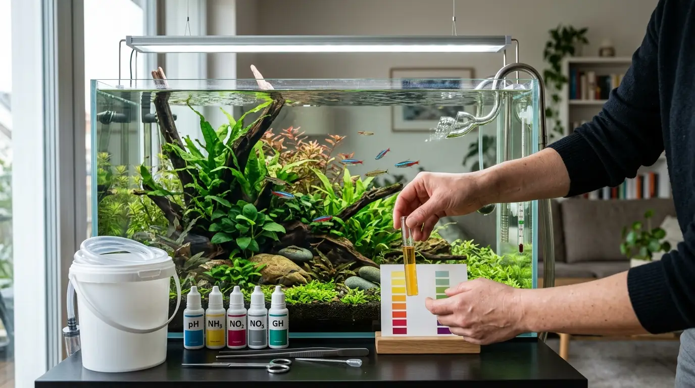 A clean planted freshwater aquarium being maintained with regular water testing, feeding, filtration care, and observation.