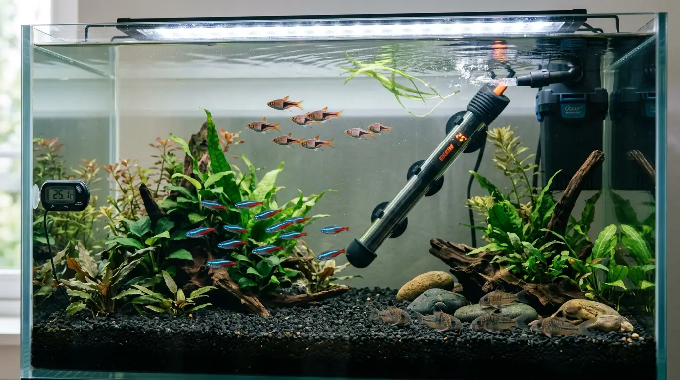 Aquarium heater positioned near filter outflow for even heat distribution