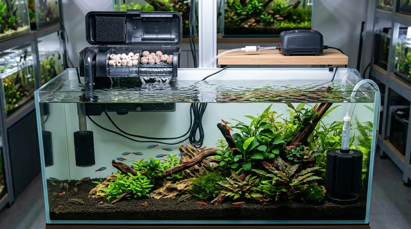Aquarium sponge filter with air pump and HOB filter with controlled flow and pre-filter sponge.