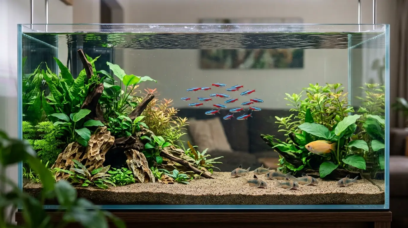 Peaceful freshwater community aquarium with compatible fish species, swimming space, plants, and hiding areas