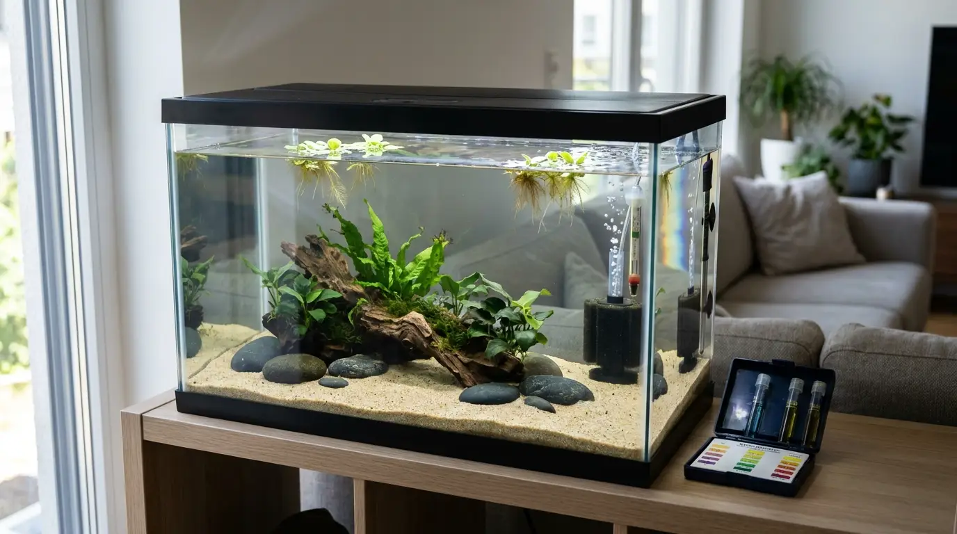Planted freshwater aquarium with sponge filter, heater, dechlorinated water, substrate, and healthy aquatic plants.