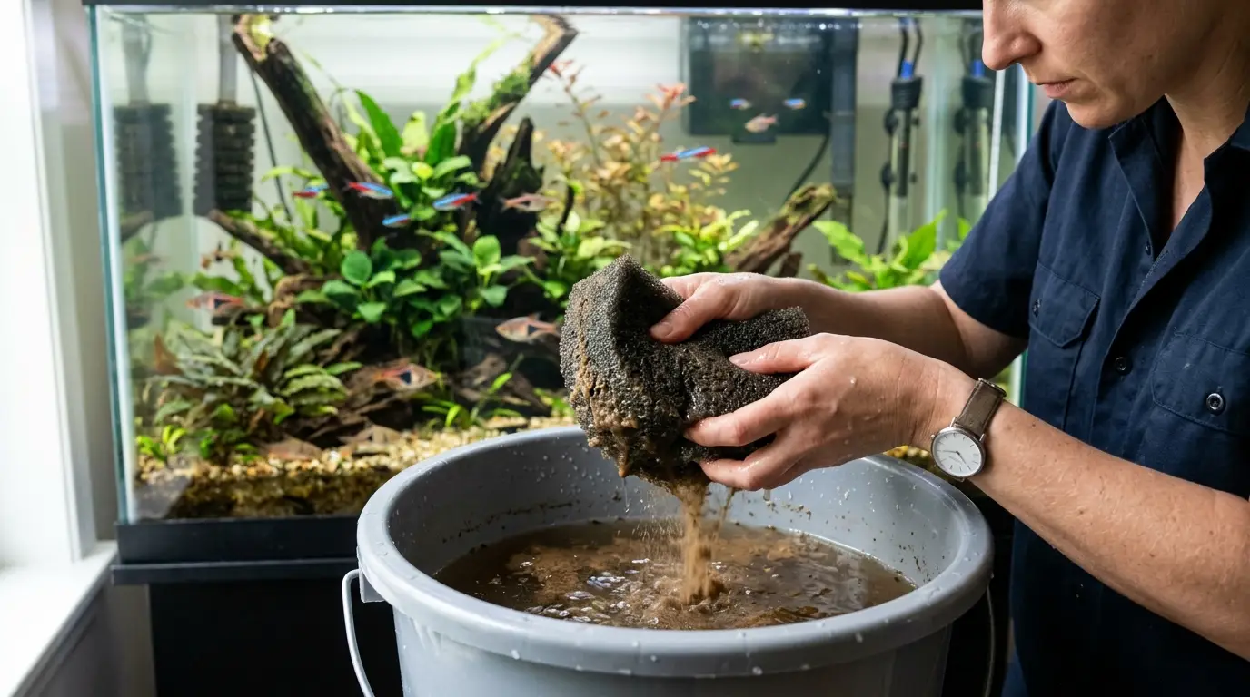 Aquarium filter sponge being gently rinsed in old tank water to protect beneficial bacteria