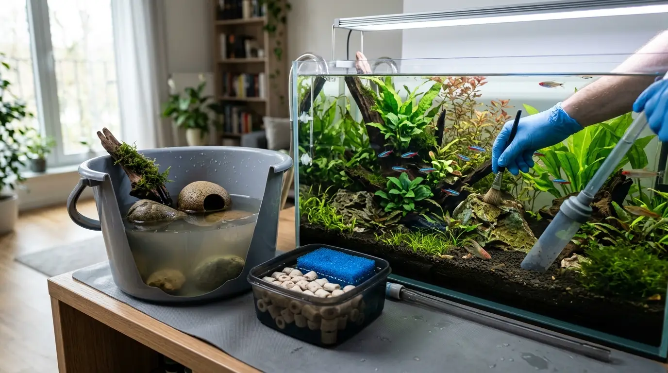 Aquarium maintenance showing decorations cleaned in batches while filter media remains protected in aquarium water