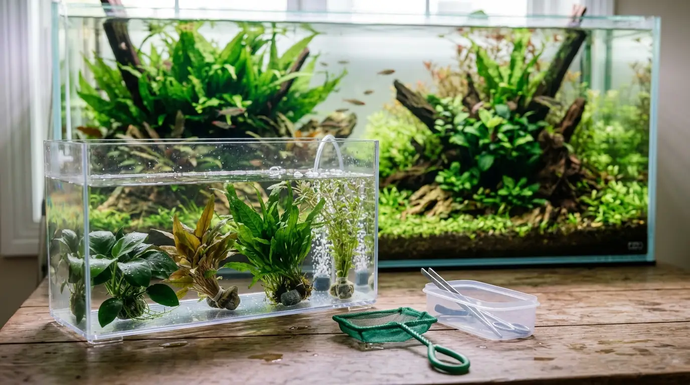 New live aquarium plants being carefully quarantined in a separate container before introduction to a freshwater aquarium