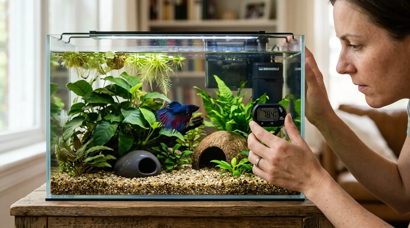 Betta fish being observed in a planted aquarium while water temperature and aquarium conditions are checked