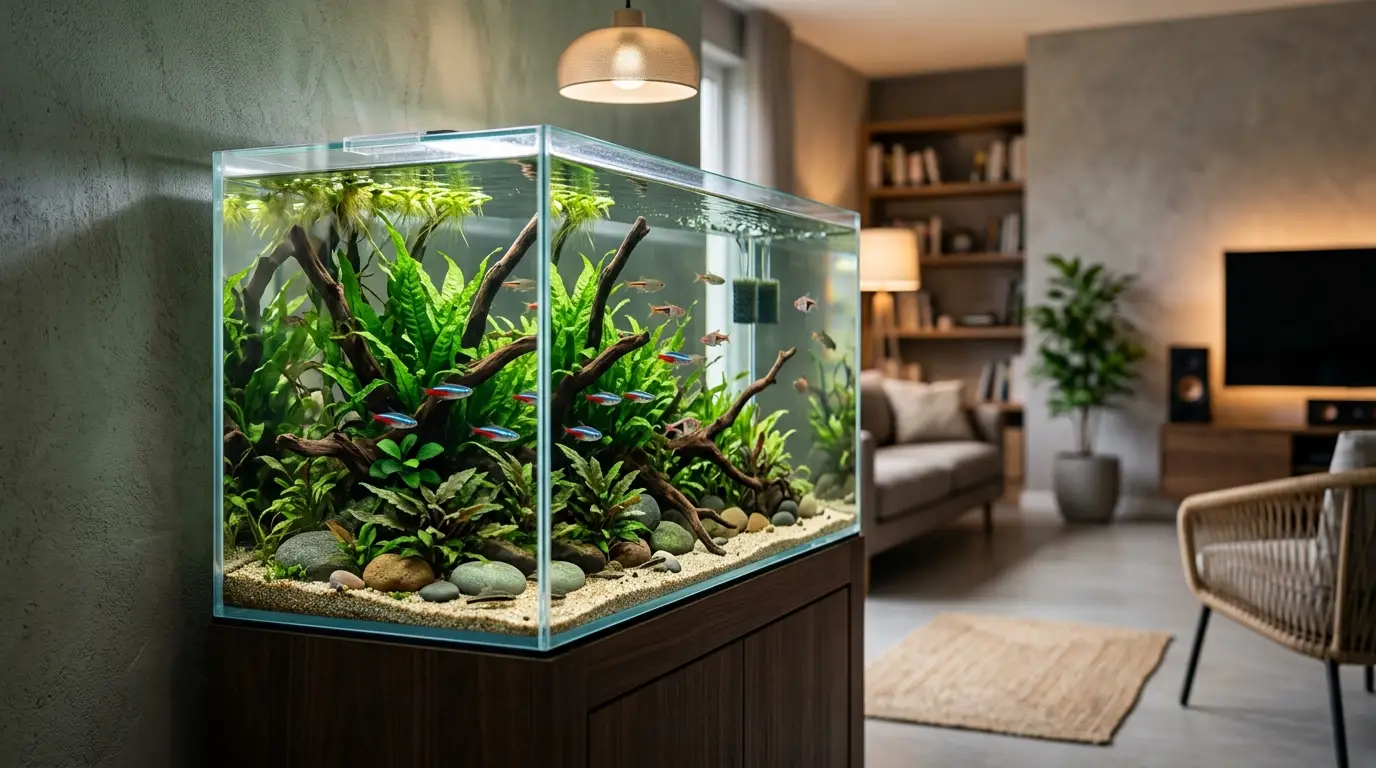A peaceful aquarium placed in a quiet corner of a home away from busy walkways, loud speakers, pets, and heavy vibration.