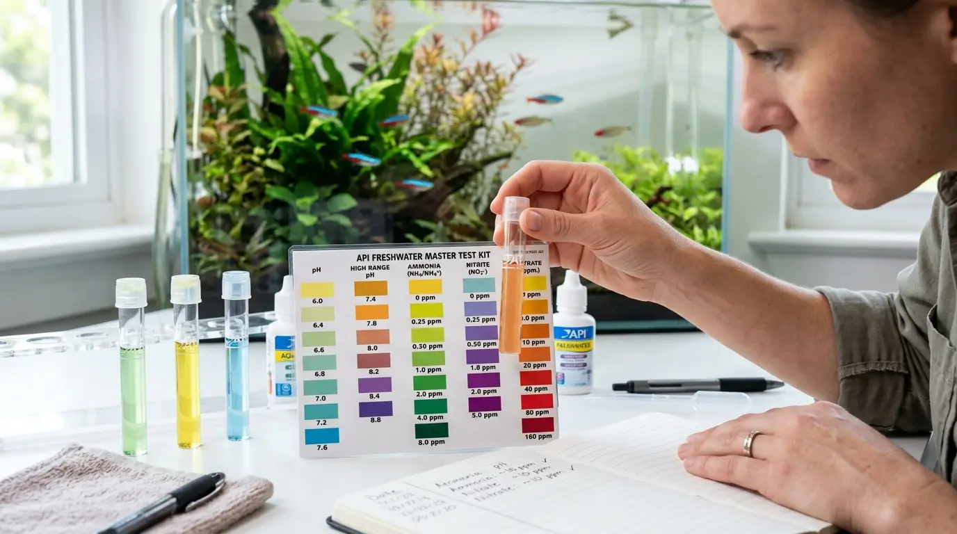 Aquarium water test vials compared with a color chart while monitoring freshwater aquarium water quality