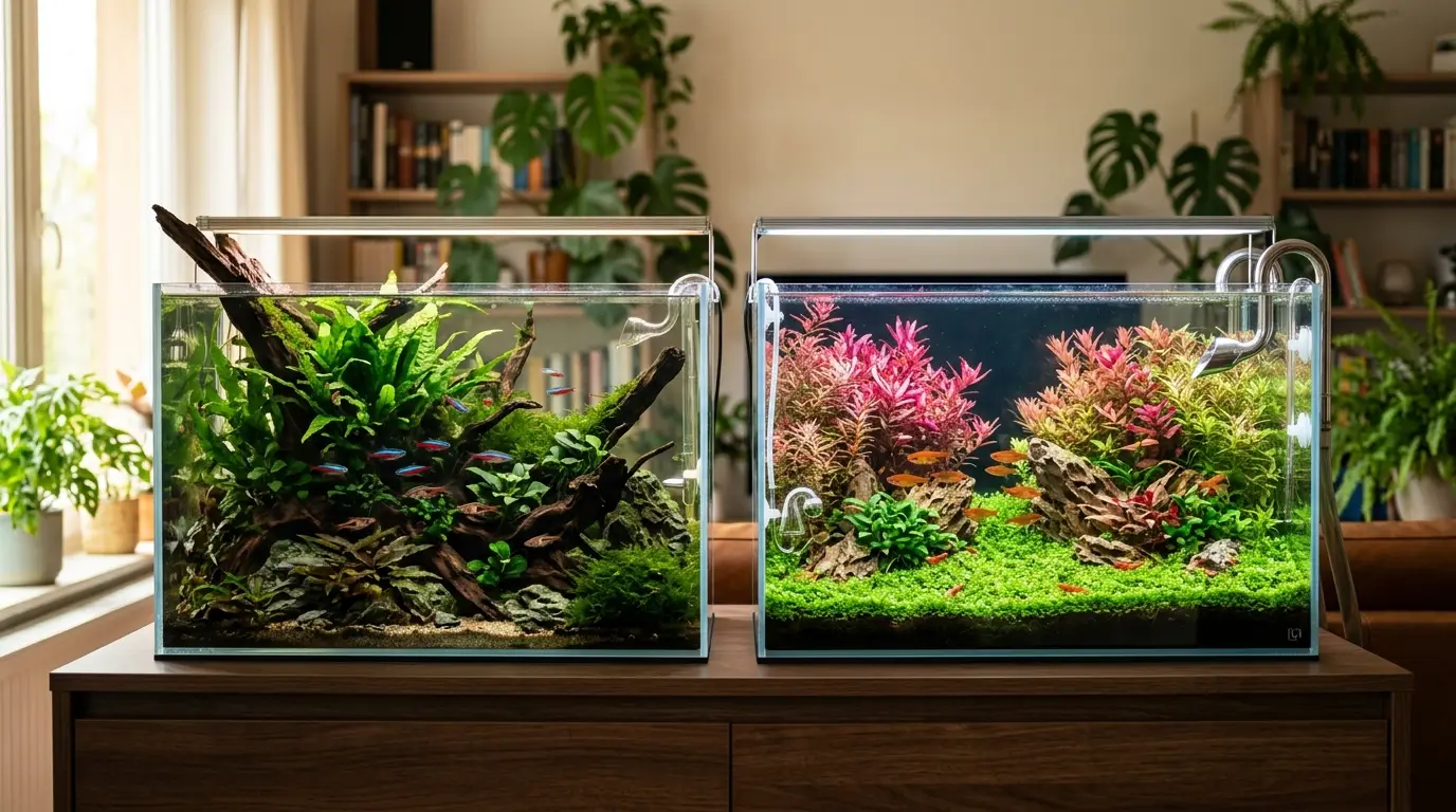 Two different planted aquariums representing low-maintenance low-tech and lush high-tech aquascaping styles.
