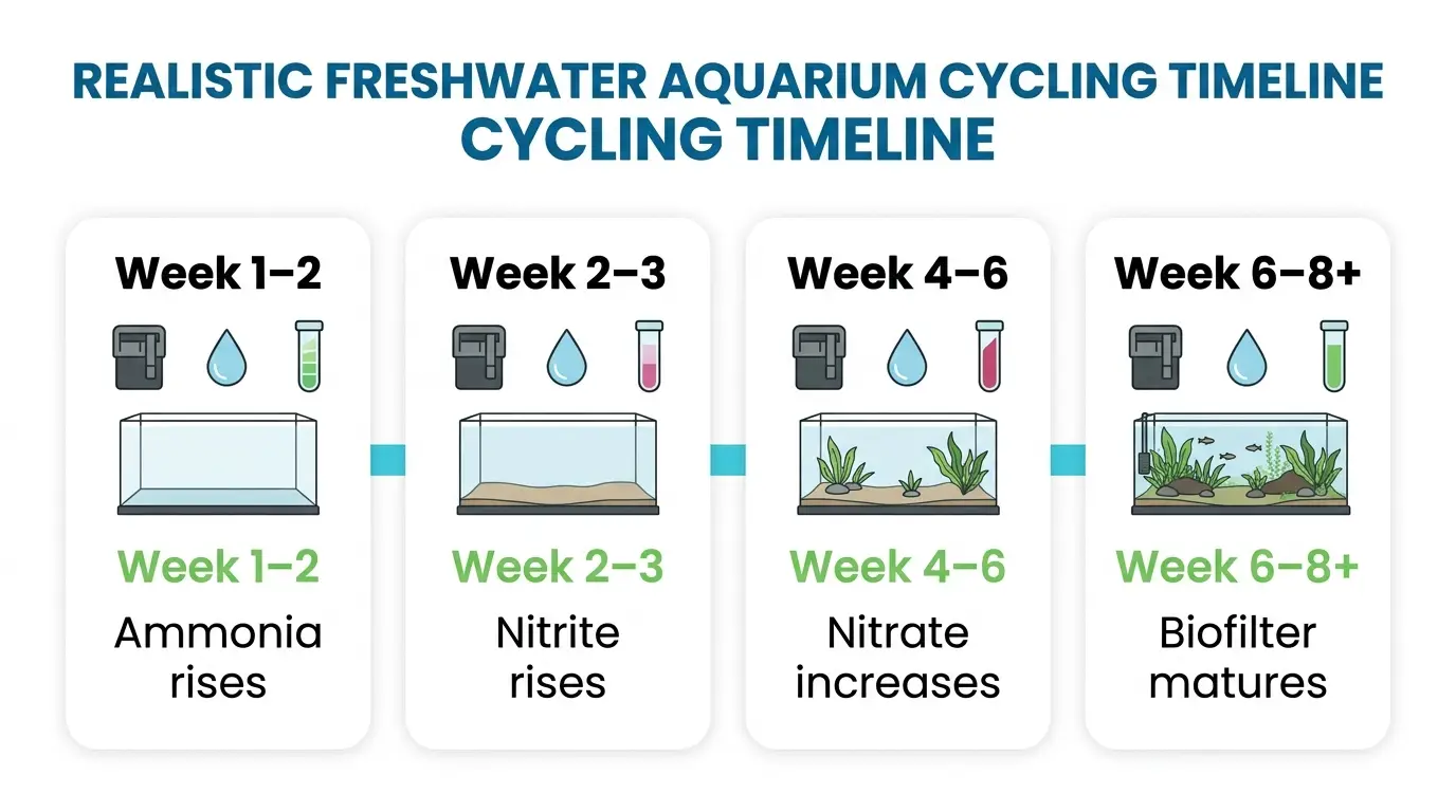 A newly cycling freshwater aquarium shown at different biological stages from ammonia development to a stable mature biofilter.