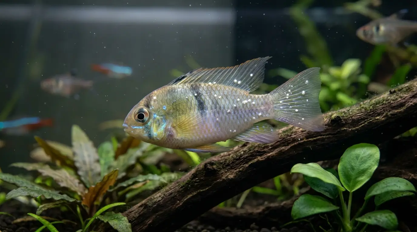 Tropical freshwater fish with realistic white ich spots on fins and body in a planted aquarium