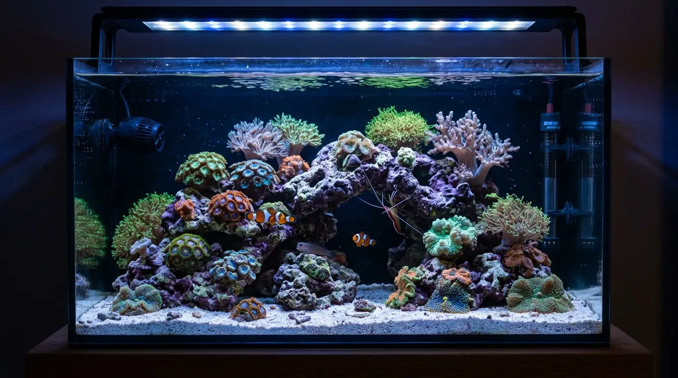 Nano reef aquarium with healthy soft corals illuminated by blue-dominant reef lighting