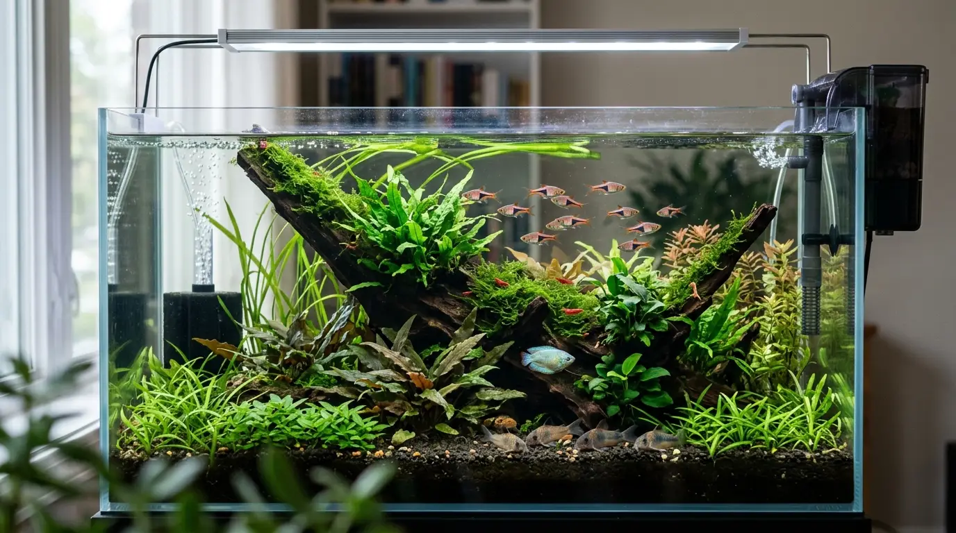 Freshwater community aquarium using both a sponge filter and hang on back filter for biological filtration and water polishing.