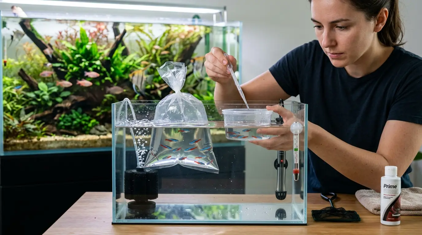 New aquarium fish being safely acclimated beside a separate quarantine tank with sponge filter and aquarium equipment