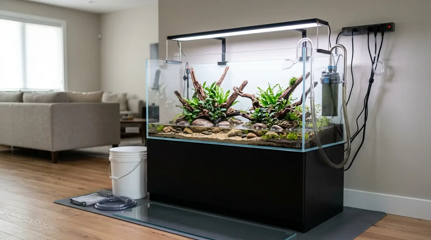 A realistic aquarium installation showing a level stand, safe power arrangement, clear maintenance access, and a practical location away from sunlight and traffic.