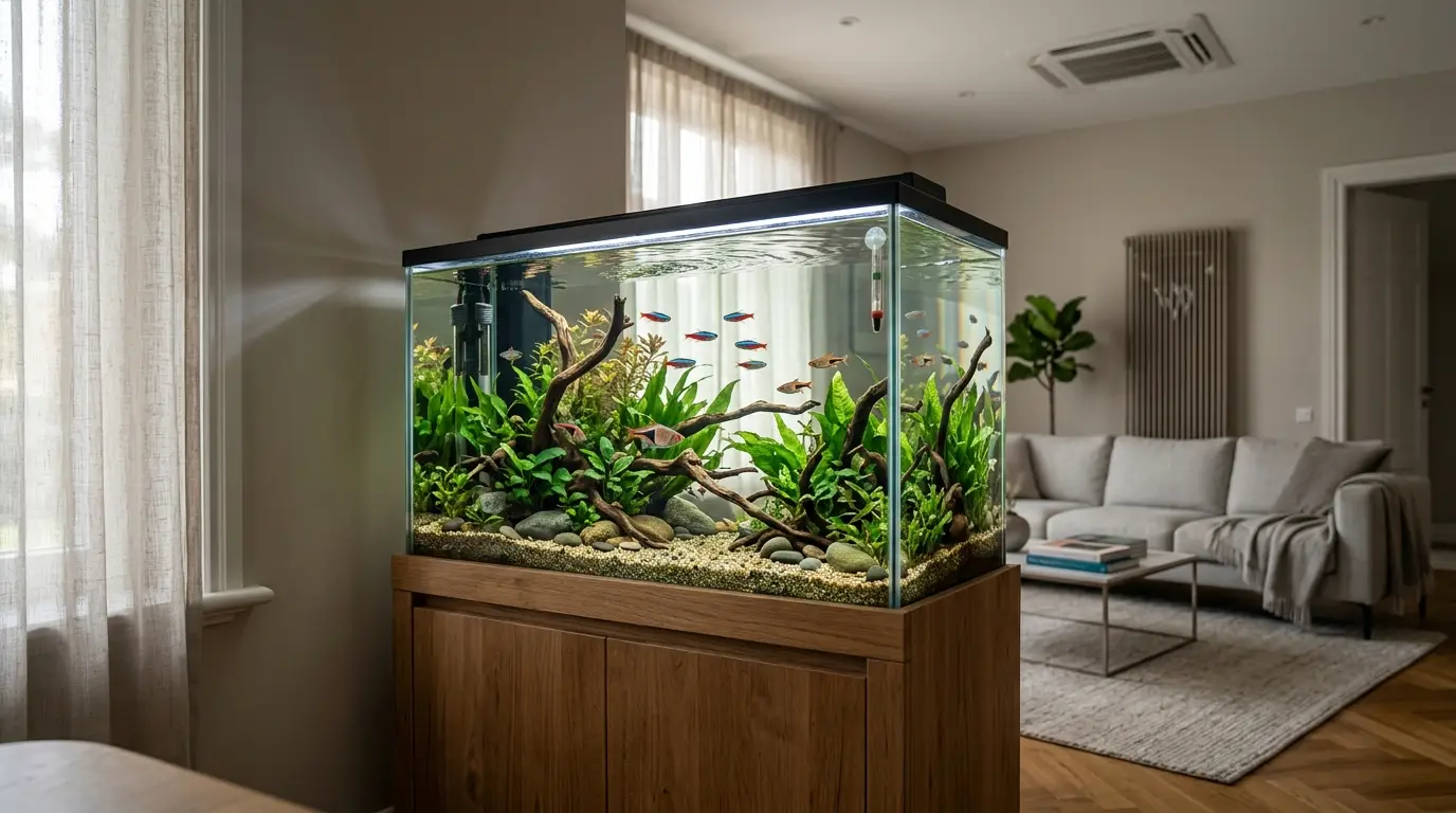A freshwater aquarium positioned away from direct sunlight, heating vents, and other sources of temperature fluctuation in a bright home interior.