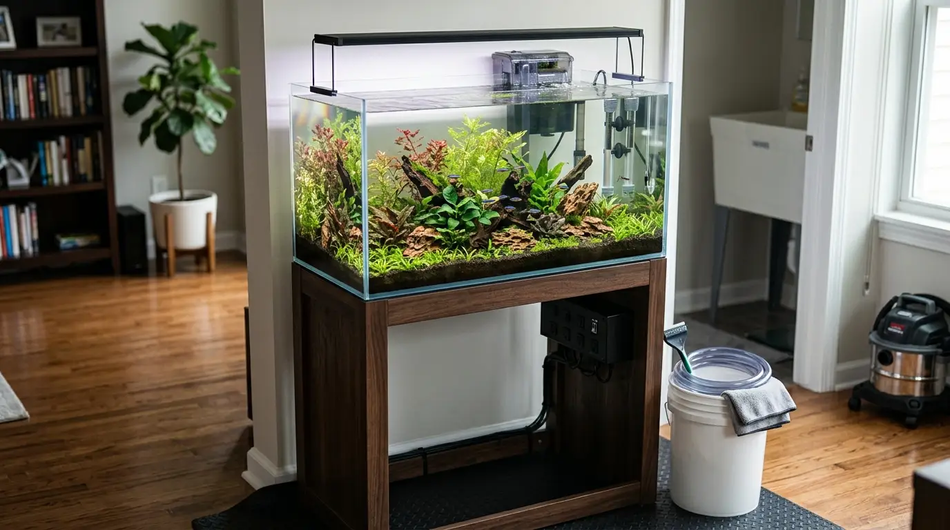 A home aquarium with safely organized electrical equipment, elevated power connections, drip loops, and convenient access for water changes.