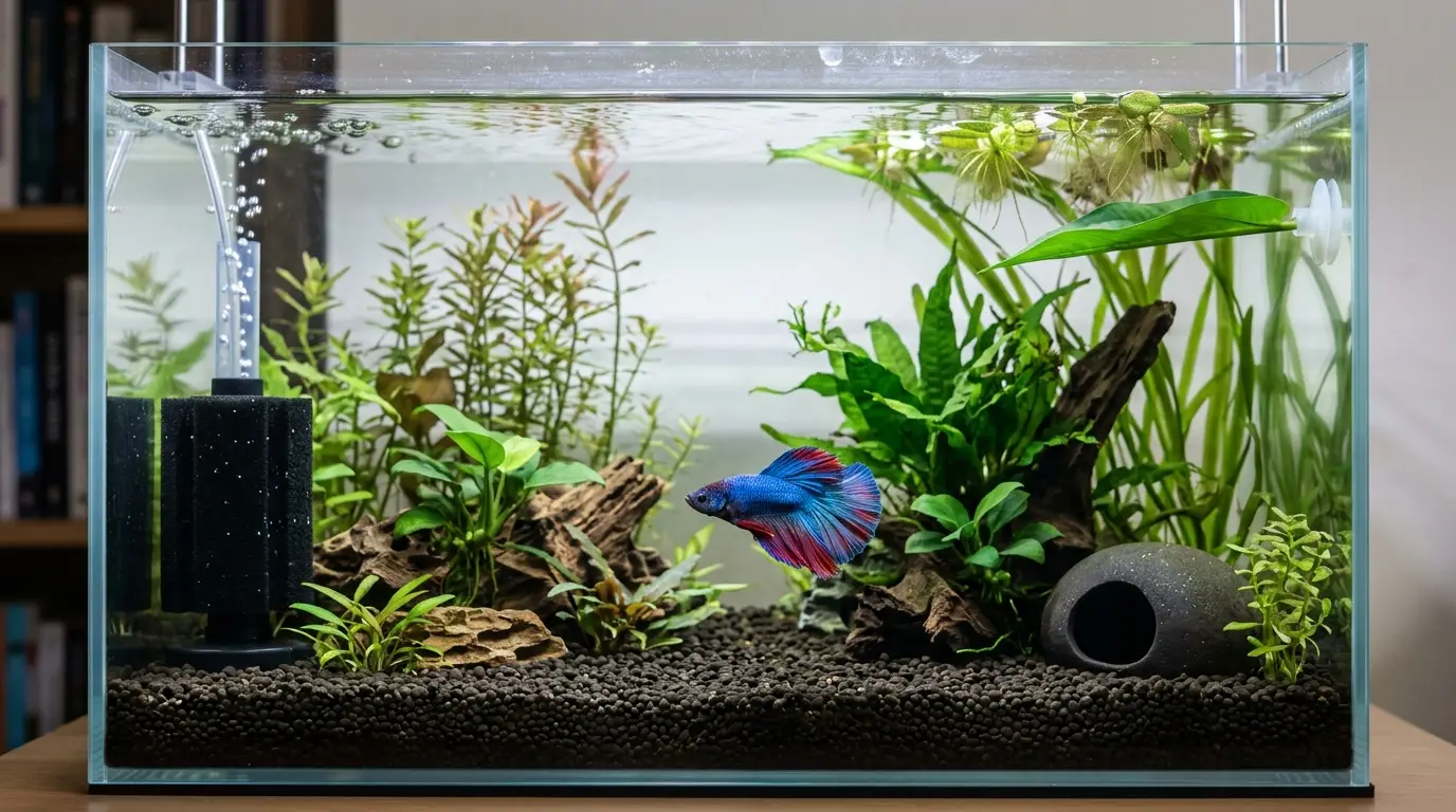 Betta fish swimming calmly through a planted aquarium with a sponge filter, leaf hammock, caves, and floating plants