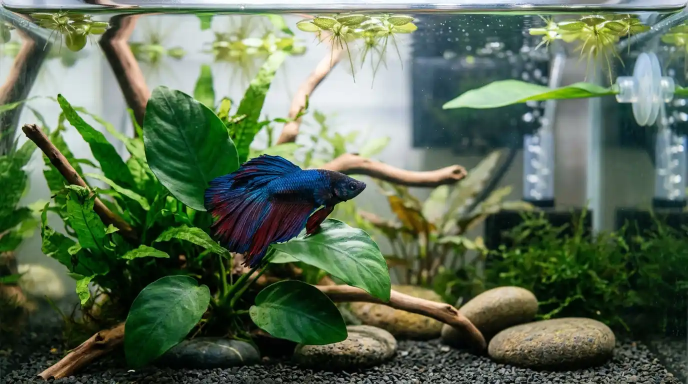Betta resting among soft live plants, driftwood, and smooth decorations in a safe aquarium environment.