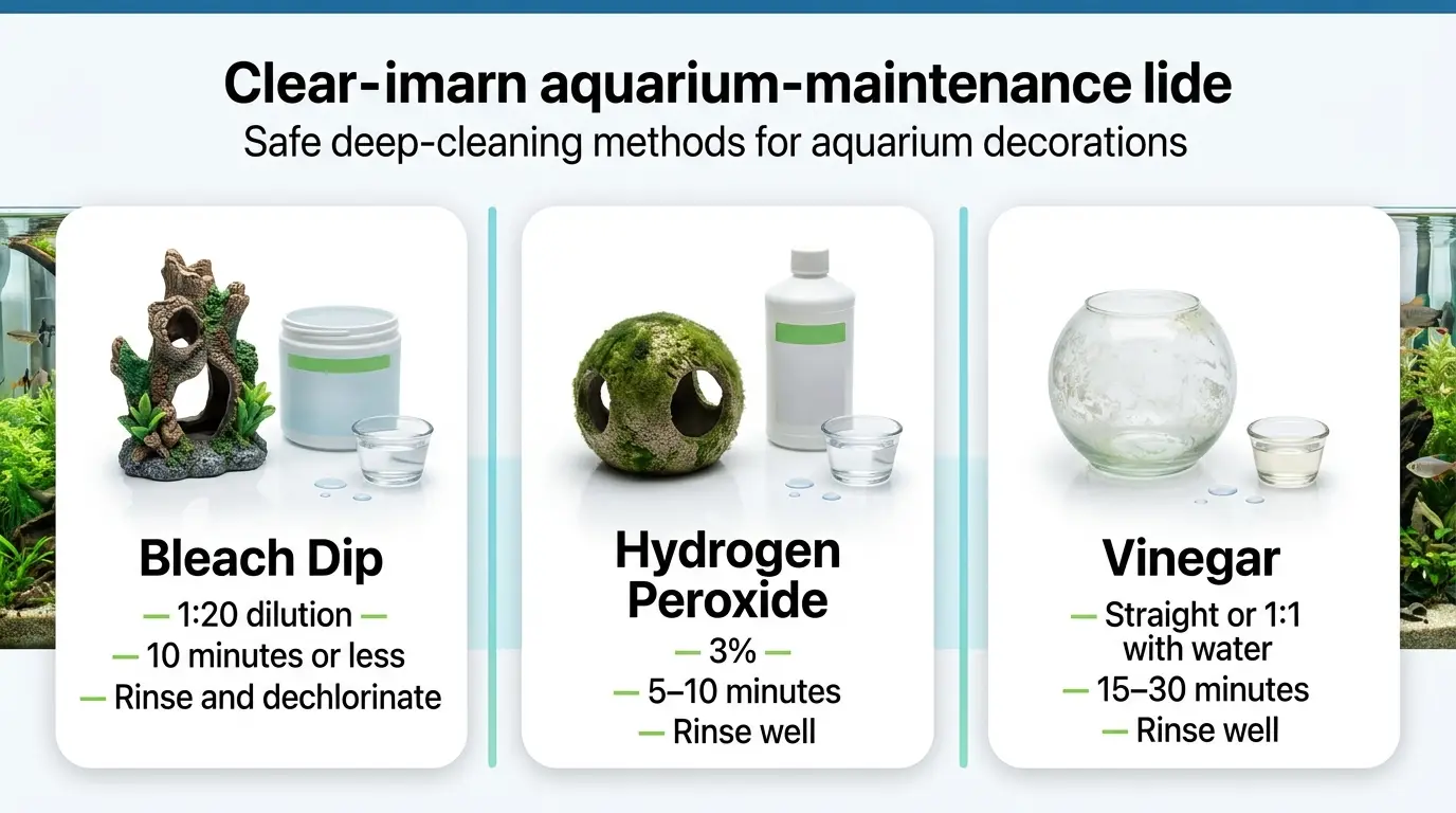 Aquarium decorations being safely treated with diluted cleaning solutions including bleach, hydrogen peroxide, and vinegar